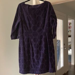 Boden embroidered purple velvet dress.